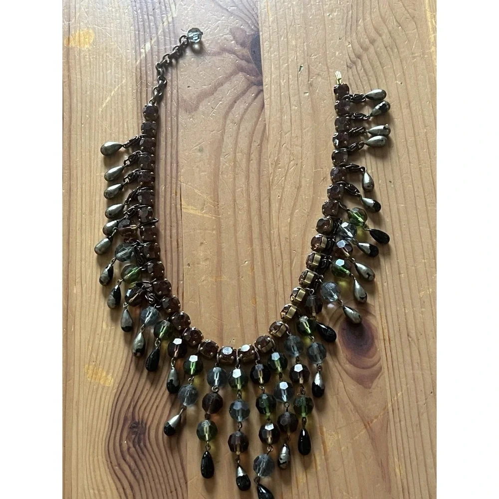 Vintage Beaded Bib Statement Necklace Green Brown Black Adjustable Fringe Boho